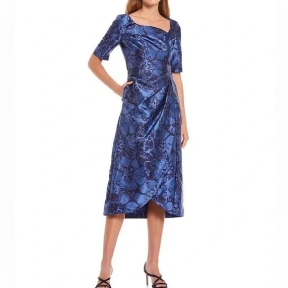 NEW Kay Unger 12 Tallulah Blue Floral Midi DRESS Mother of Bride Wedding Formal - Picture 1 of 10